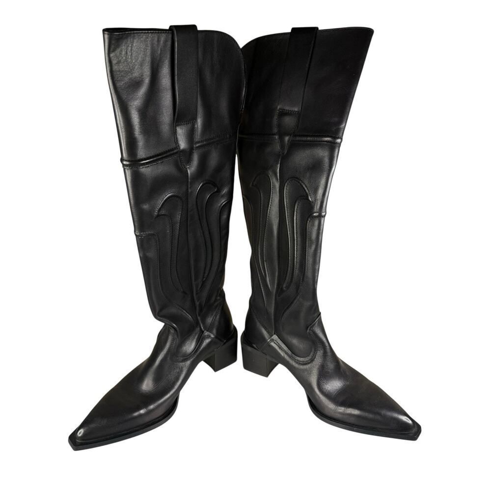 NEW Zara Black Leather Western Cowboy Boots Pull On Knee High EU 37 US 6.5 - Picture 7 of 11